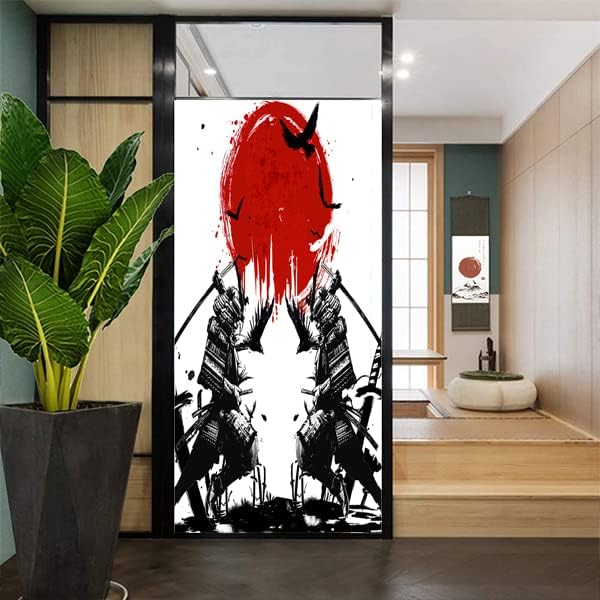 Japanese Samurai Stained Glass Film Watercolor Ink Samurai Sword Red Sun Printwindow Tinting Film for Home,Window Film Stained Glass 35.4Wx78.7L-Inch X1Pcs