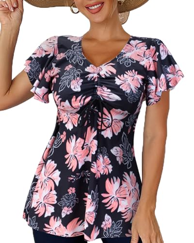 Fanuerg Women's Flowy Tankini Top Only Ruffle Sleeve Swim Bathing Suit Tops Modest Drawstring Swimsuit Top No Bottom