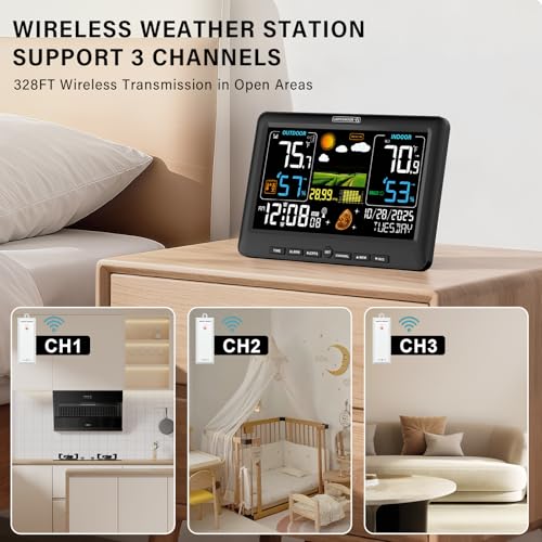 BluSon Weather Station Wireless Indoor Outdoor Thermometer, Color Display Digital Temperature Humidity Monitor with Atomic...