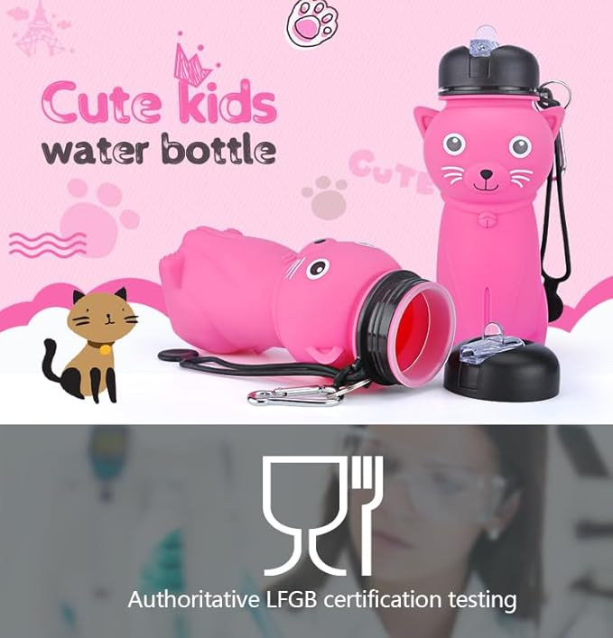 Collapsible Silicone Water Bottle，kawaii water bottle,500ml(16.9 oz),cute water bottles For Girls,School,Sports,Hiking, Backpacking, Camping, Walking, BPA Free(cute bear)
