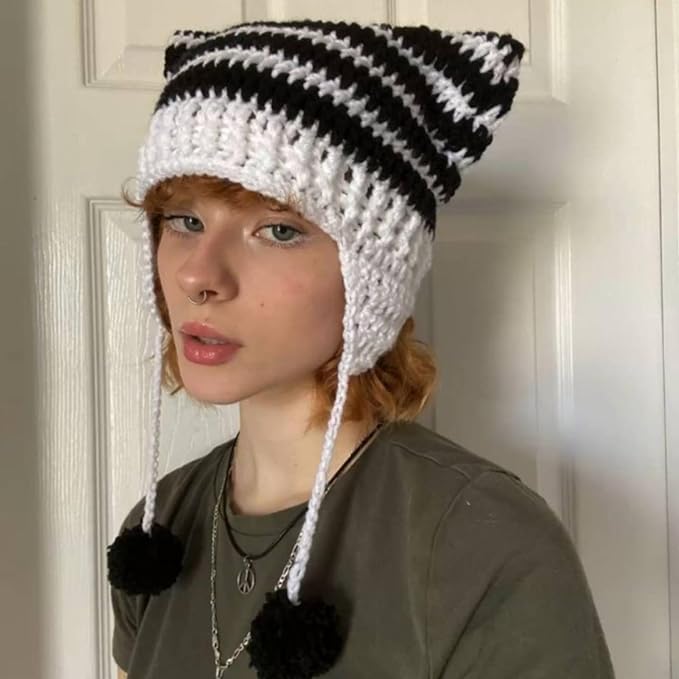 Cat Beanie Beanies Y2k Beanie Knit Hat Grunge Goth y2k Accessories Crochet Hats for Women (Black Green-A)