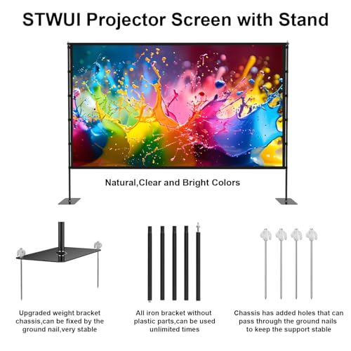STWUI Outdoor-Projector-Screen-with-Stand - 120 inch Portable Projector Screen Indoor Outdoor Projector Screens 16:9 4K HD...