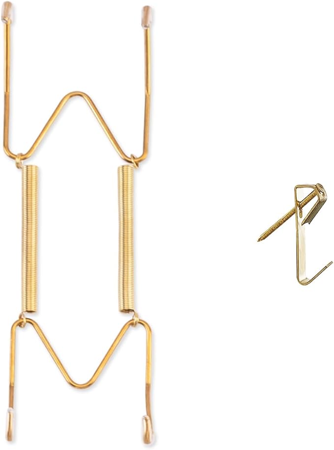 Bilillo 1 Pack Plate Hanger for Wall Display, Fits 6''-8'' Decorative Plates & Platters, Spring Stainless Steel Invisible Wire Holder with Hook, Heavy Duty Secure Grip（Gold）