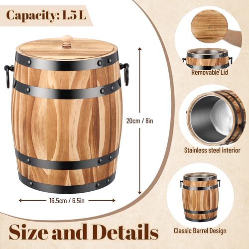 Honeydak Ice Bucket Wooden Barrel with Lid 1.5l Stainless Steel Interior Food Container with Handles for Cocktail Bar Part...