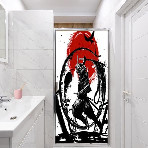 Japanese Samurai Decorative Window Film Watercolor Ink Samurai Sword Red Sun Printdining Room Window Film,Dorm Room Glass Film 17.7Wx23.6L-Inch X1Pcs