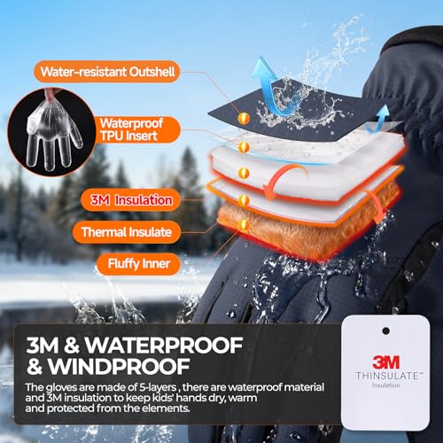 rivmount Kids 3M Ski Gloves Touchscreen Waterproof Warm for Boy Girl Youth Outdoor Skiing Cycling Snow Winter