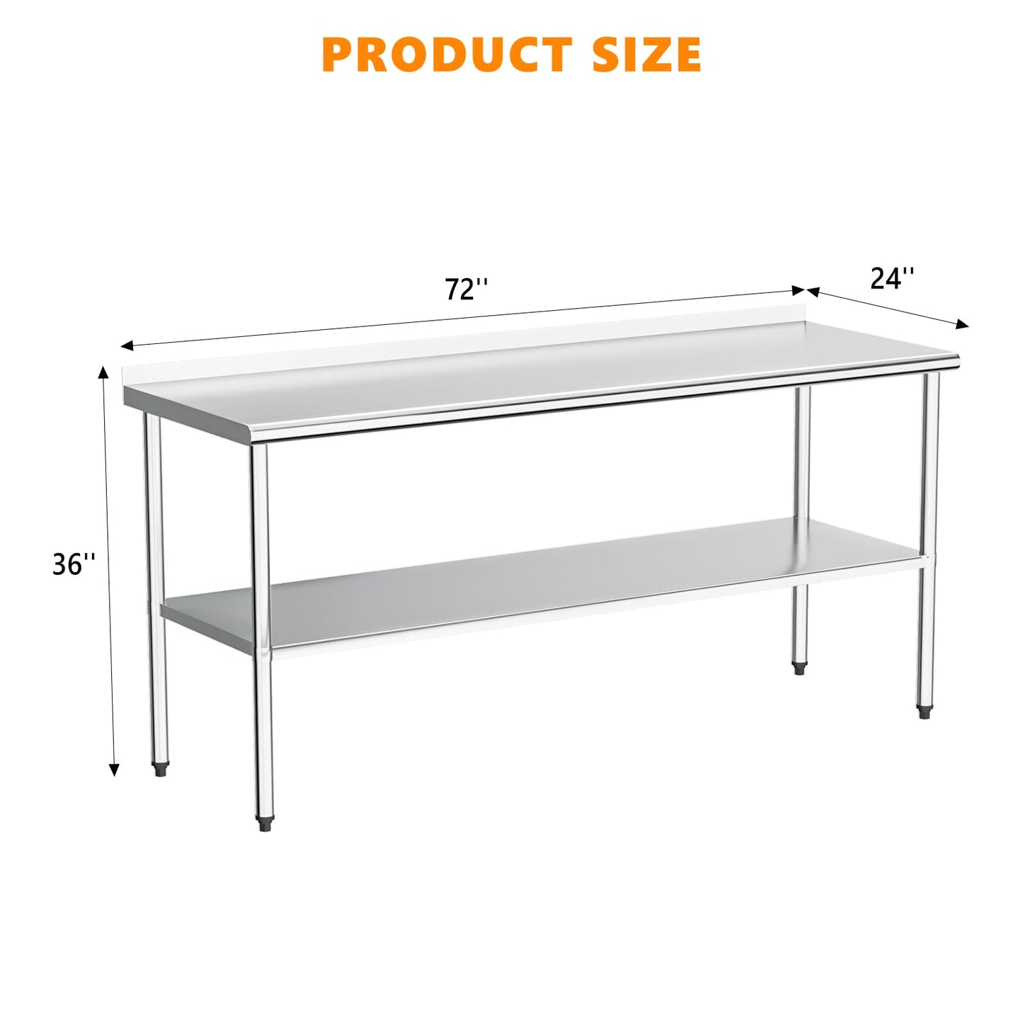 ROVSUN 72'' x 24'' Stainless Steel Table for Prep & Work,Commercial Worktables & Workstations,Heavy Dut Metal Table with Adjustable UnderShelf & Backsplash for Kitchen, Restaurant,Home,Hotel