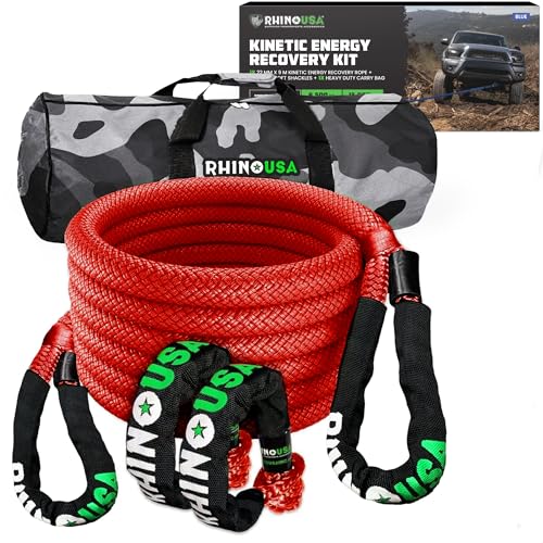 Rhino USA Kinetic Rope Recovery Kit (7/8in x 30ft) - Heavy Duty Offroad Snatch Strap - Includes 2 Soft Shackle for UTV, AT...