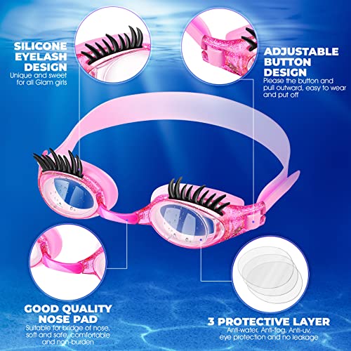 Konohan 2 Pieces Kids Swim Goggles Eyelashes Girls Funny Swim Goggle No Slip Leak Anti Fog UV Glasses for Lash Extensions