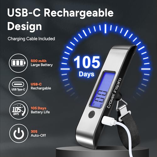 travel inspira Rechargeable Luggage Scale 110lb/50kg - Large Backlit Display - Stainless Steel - Portable Digital Hanging ...