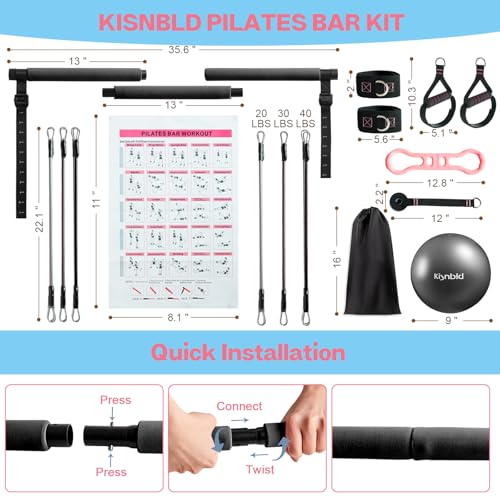 kisnbld Pilates Bar Kit with Resistance Bands, Multifunctional Pilates Bar with 3 Set Exercise Resistance Bands, Portable ...