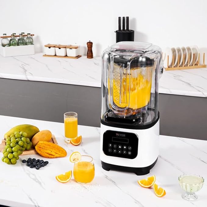 VEVOR Commercial Countertop Blenders with Shield,68 oz Jar Blender Combo, Stainless Steel 9 Speed & 5 Functions, for Shakes, Smoothies, Peree, and Crush Ice, White