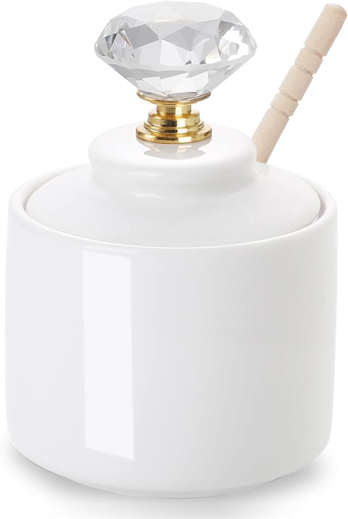 ONTUBE Ceramic Honey Jar with Dipper and Crystal Lid, Small Honey Pot for Home Kitchen, 8oz (Gold)
