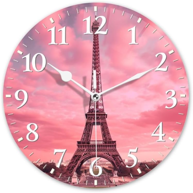 Paris Wall Clock Non-Ticking Silent Clocks Battery Operated Analog Decor Clock for Home-Eiffel Tower with Pink Sky and Pink Clouds(14inch)