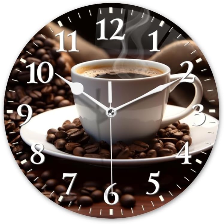 Coffee Wall Clock Non-Ticking Silent Clocks Battery Operated Analog Decor Clock for Home-Cup of Steaming Coffee Surrounded by Scattered Coffee Beans(12inch)