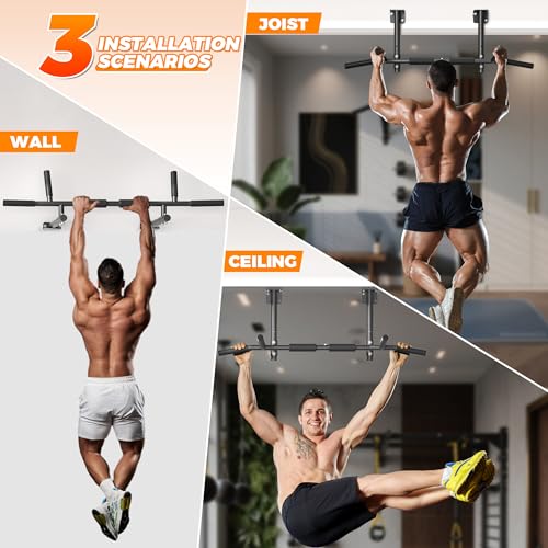 Joist Mounted Pull Up Bar, 3 in 1 Chin Up Bar Ceiling Mount Adjustable Height, 42" Wide Bar for Home Gym Cross Training St...
