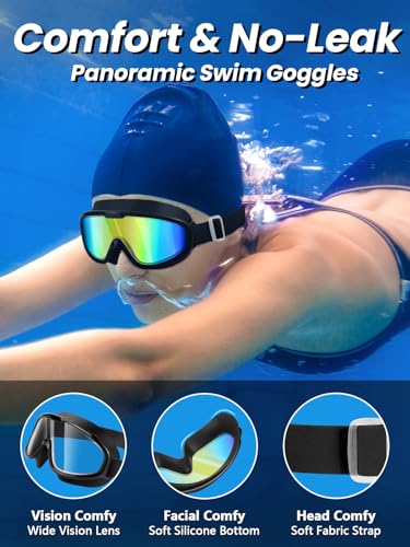 sliwo Swim Goggles 2 Pack, Wide View Anti Fog&UV Comfort Fabric Strap No Leaking Swimming Goggles for Adult Men Women Youth