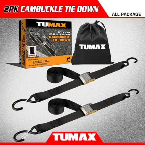 TUMAX Tie Down Strap Cambuckle Strap - 2500lbs Break Strength, 1.5 in x 8ft Cargo Straps with Safety S-Hooks, Heavy Duty C...