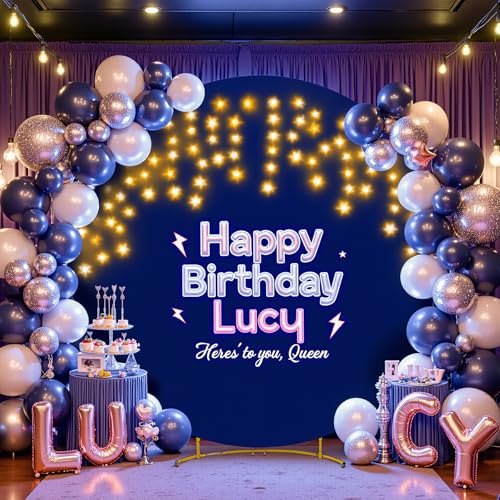 7.2 FT Navy Blue Round Backdrop Cover with Lights String for Circle Arch Stand Circle Backdrop Covers with LED Fairy Light...