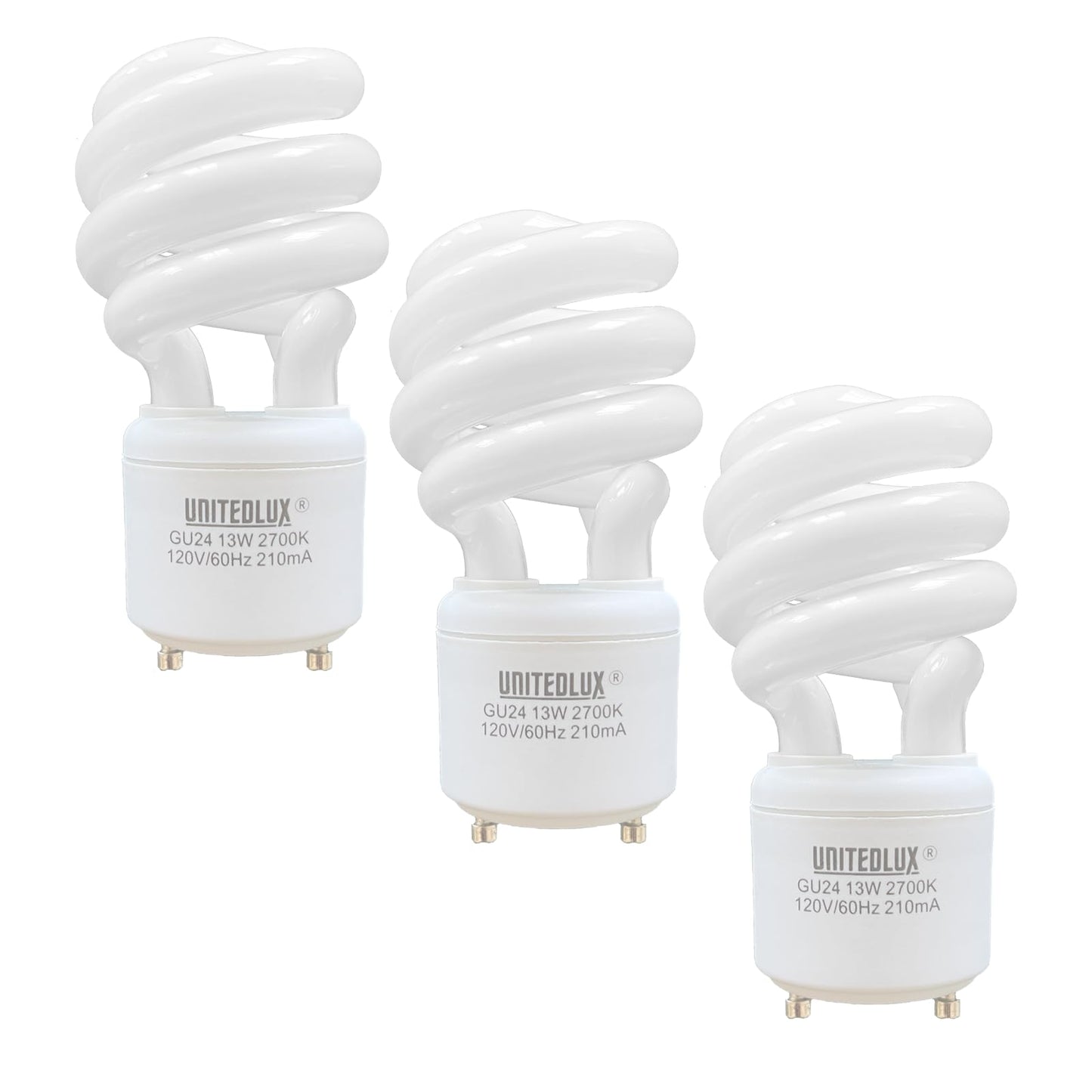 Unitedlux 13Watt T2 Spiral Cfl Gu24 2 Prong Light Bulb Base 2700K 900Lm 120V 60Hz Light Bulb- Mini Twist Lock Spiral -Self Ballasted Compact Fluorescent Soft White Pack Of 3