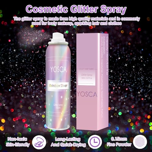 YOSCA Body Glitter Spray, 150ML Holographic Glitter Hairspray, Shiny Glitter Spray for Hair Body Clothes, Quick-Drying and...