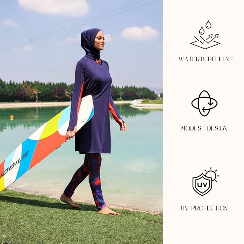 Islamic Full-Length Modest Swimsuit for Muslim Women | 4 PCS Burkini Set Top Pants Cap Bustier | Long Sleeve Rash Guard