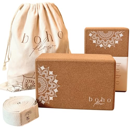 Boho Flow Cork Yoga Block 2 Pack with Strap & Bag | Premium Eco-Friendly Cork Bricks 9”x6”x3” | Heavy-Duty, Non-Slip & Dur...