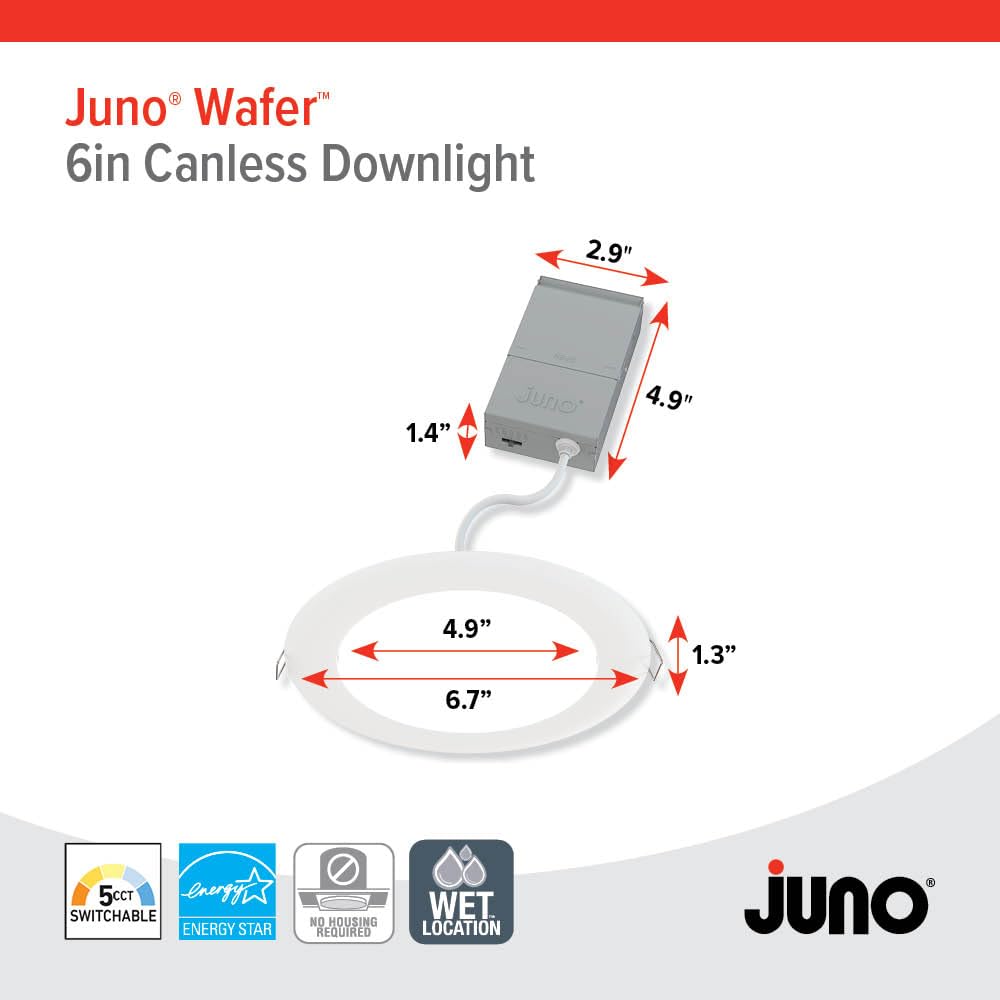 Juno Led Recessed Lights 6 Inch Round Wafer Downlight  5-In-1 Switchable White Color Temperature  120 Volts  6-Inch Ultra-Thin Flat Trim  Matte White  4-Pack (Wf6 Sww5 90Cri Mw Cp4 M2)
