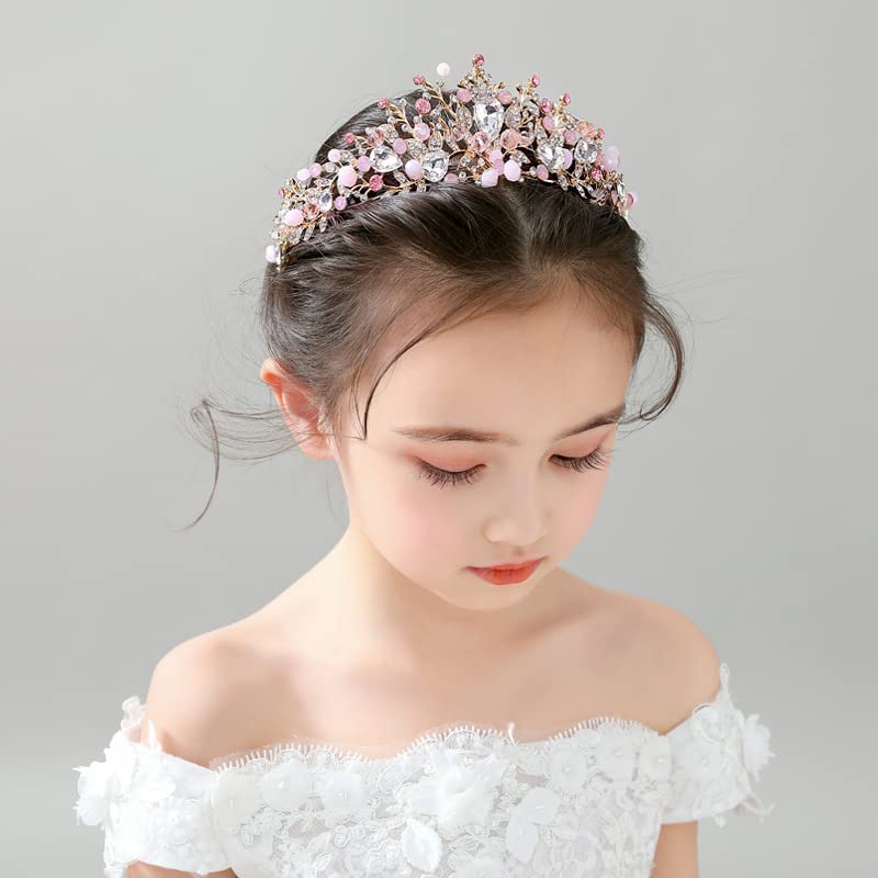 Kids Pink Crystal Tiara Girls Princess Costume Rhinestone Crown Headband Wedding Bridal Hair Accessories Birthday Communio...