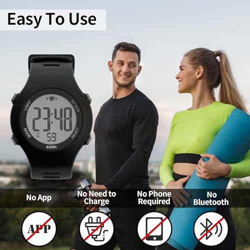 EZON Heart Rate Monitor Chest Strap and Digital Watch,5ATM Waterproof Fitness Tracker with HRM,Calories Burned,Stopwatch a...