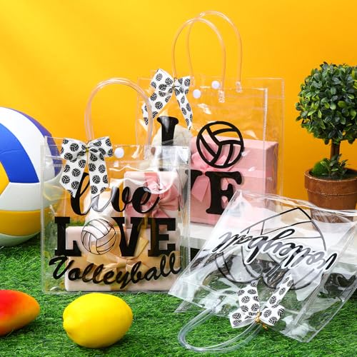 Vicenpal 12 Sets Clear Volleyball Gift Bag with Handles 12 Pcs Bows PVC Plastic Volleyball Treat Goodie Snack Bags 7.9 x ...