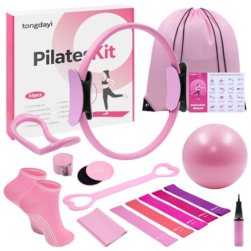 16Pcs Home Pilates Equipment for Women, Pilates Kit with 14'' Pilates Rings, Yoga Ball, Sliding Disks, Pilates Bands & Acc...