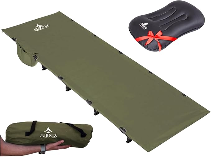 Ultralight Camping Cot with Inflatable Camping Pillow for Adults & Kids; Supports up to 330lbs; 4.85lbs Lightweight Portable Camping Bed for Hiking, Camping & Backpacking with Carry Bag (Green)