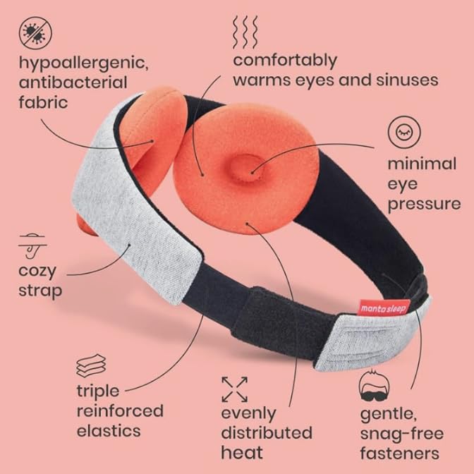 Manta Steam Sleep Mask - Reusable Near-Blackout Sleeping Mask for Relaxation & Restful Sleep - Adjustable Microwavable Steam Eye Cups for Natural Hydration, Eye Strain & Sinus Relief