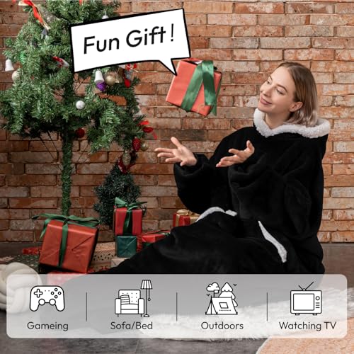 Sioloc Wearable Blanket Hoodie for Women/Kids/Men, Oversized & Cozy Sherpa Lined Hoodie Sweatshirt Blanket(Black,Oversized)