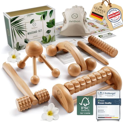HELDSON® Wooden Therapy Massage Tools [6 Pieces] - Wood Rollers for Body Sculpting - Lymphatic Drainage Massager - Celluli...