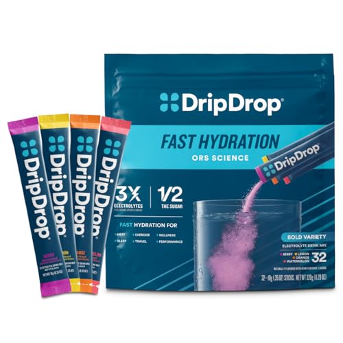 DripDrop Hydration Packets - Bold Variety Pack - Single Serve Electrolytes Powder Drink Mix - Watermelon, Berry, Lemon, Or...