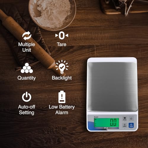Polit Digital Kitchen Scale KT-66 30lb/13kg｜0.05oz/1g Precision Food Scale with LCD Display｜Battery or Plug-in｜Stainless S...