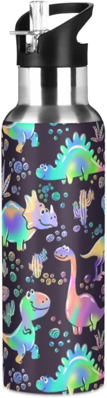 senya 20 Oz Water Bottle with Straw Rainbow Dinosaurs Stainless Steel Water Bottle for Traveling Sports Leakproof Insulated Water Bottle
