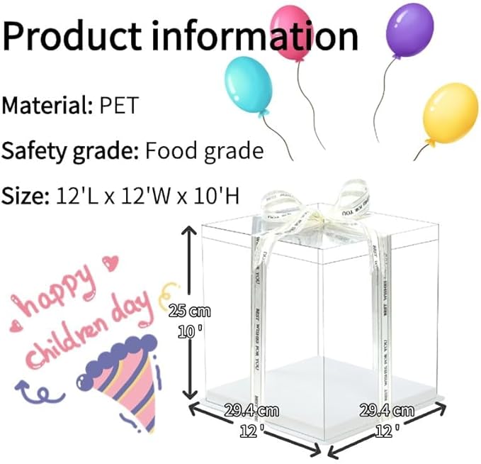 5 Pcs, 12'x12'x11' inch Food Grade Clear Plastic Display Boxes, 29.4 x 29.4 x 25 cm with Ribbon, for Cakes, Bakeries, Desserts, Birthday, Christmas and Thanksgiving