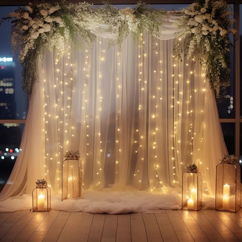 White Sheer Tulle Backdrop Curtain with Lights String- Wedding Backdrop Decorations for Reception Ceremony Home Party Phot...