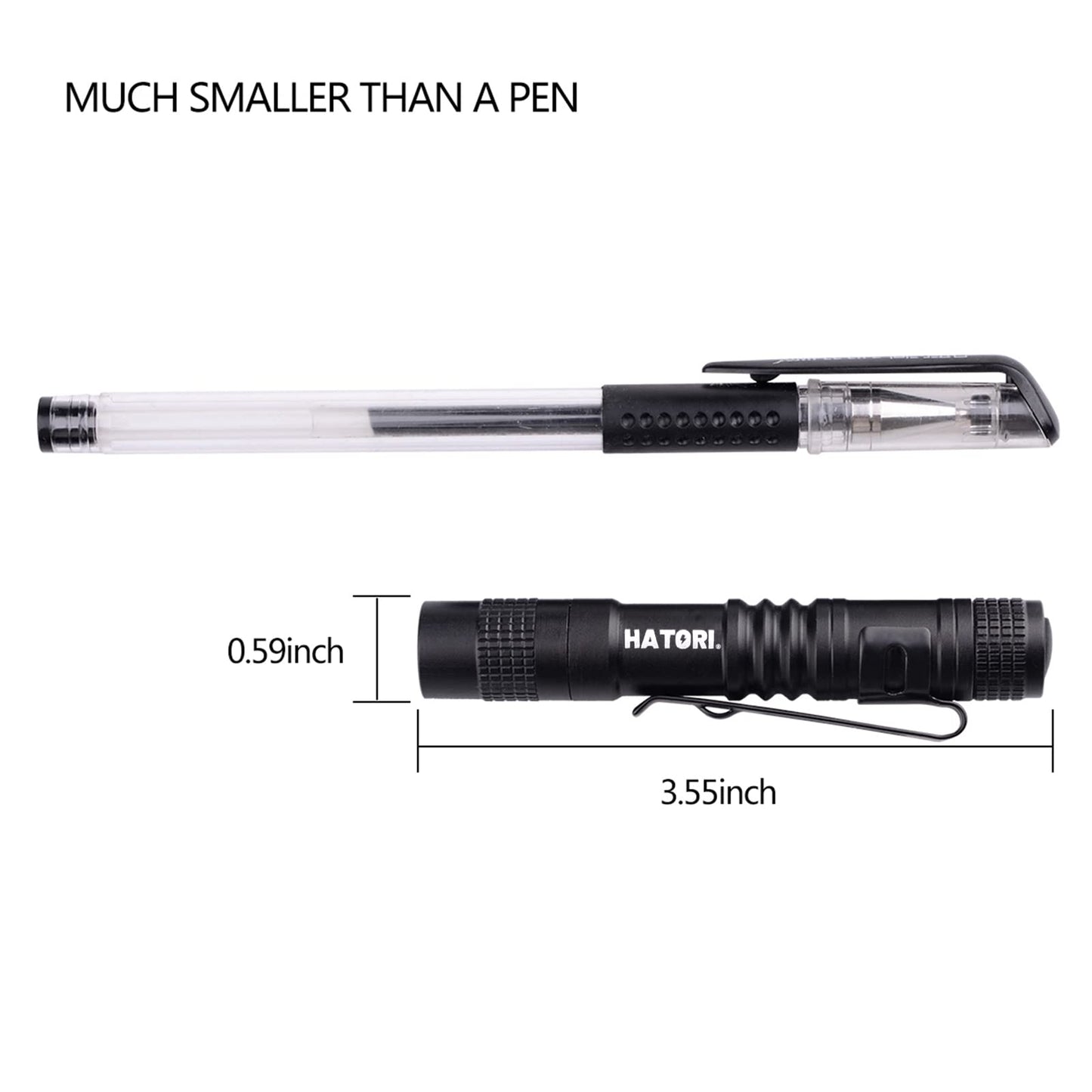 HATORI LED Mini Flashlight, Tactical High Lumens Pen Light, 4 Pack, 3.55 Inch, Black, Model SDT001, Aluminum Construction