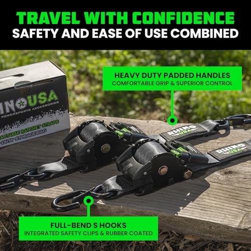 Rhino USA Retractable Ratchet Straps (2-Pack) - 2 Inch x 10 Feet (3,033lb Break Strength) - Heavy Duty Auto Self Retractin...