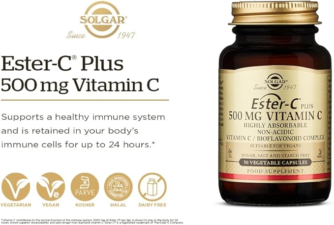 SOLGAR Ester-C Plus 500 mg Vitamin C (Ascorbate Complex) - 50 Vegetable Capsules - Gentle & Non Acidic - Antioxidant & Immune Support - Non GMO, Vegan, Gluten Free, Kosher - 50 Servings