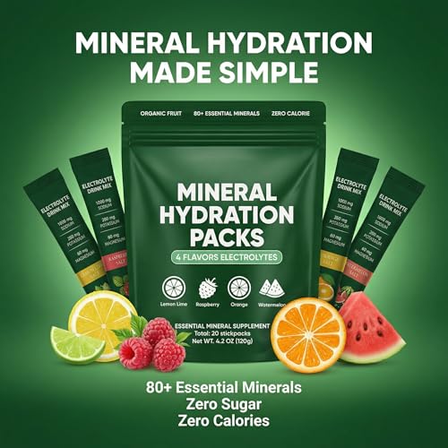 Mineral Hydration Pack - Organic Fruit Electrolyte Powder with 80+ Essential Minerals, Zero Calorie & Sugar, Four Flavors ...