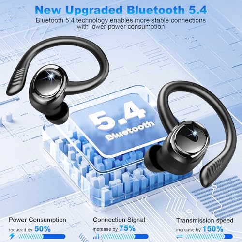 Hupoaf Wireless Earbuds Sport, New Bluetooth 5.4 Headphones with Earhooks, 50H Stereo Deep Bass Over Ear Buds with 4 ENC N...
