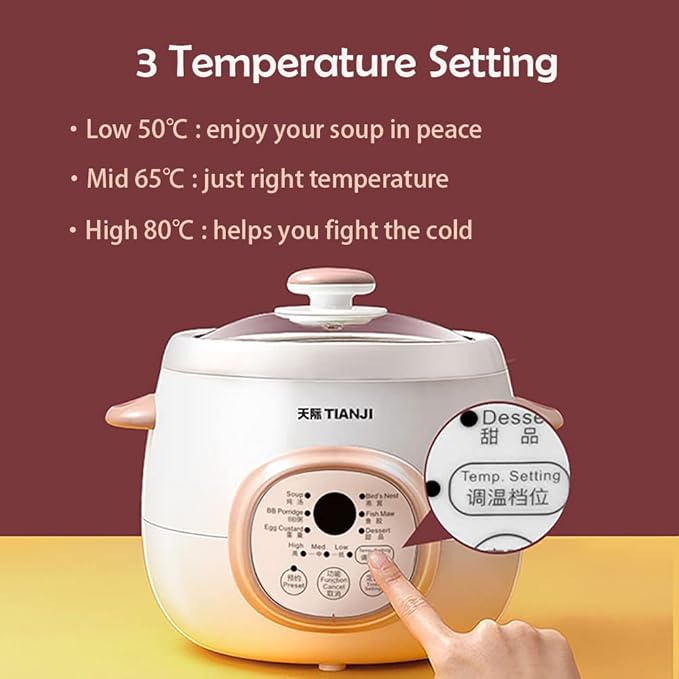 Electric Stew Pot, Ceramic Soup Porridge Cooker, Slow Cookers with Lid, 1L, White