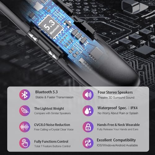 Dawsho Neckband Bluetooth Speaker, Wireless Wearable Speaker w/Built-in Mic,78g Lightweight, High Fidelity 3D Stereo Soun...