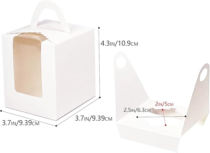 Bakepacker Auto-pop up Individual Cupcake Boxes with Window 25 Count White Single Cupcakes Box 3.7 x 3.7 x 4.3inch Cupcake Carrier