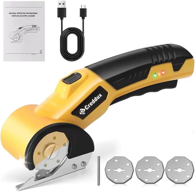 Cordless Electric Scissors，Cardboard Cutter Heavy Duty Scissor with 3 Blade, Safety Lock & Extra Blade，Rotary Cutter for Cardboard Fabric Plastic Leather Yellow